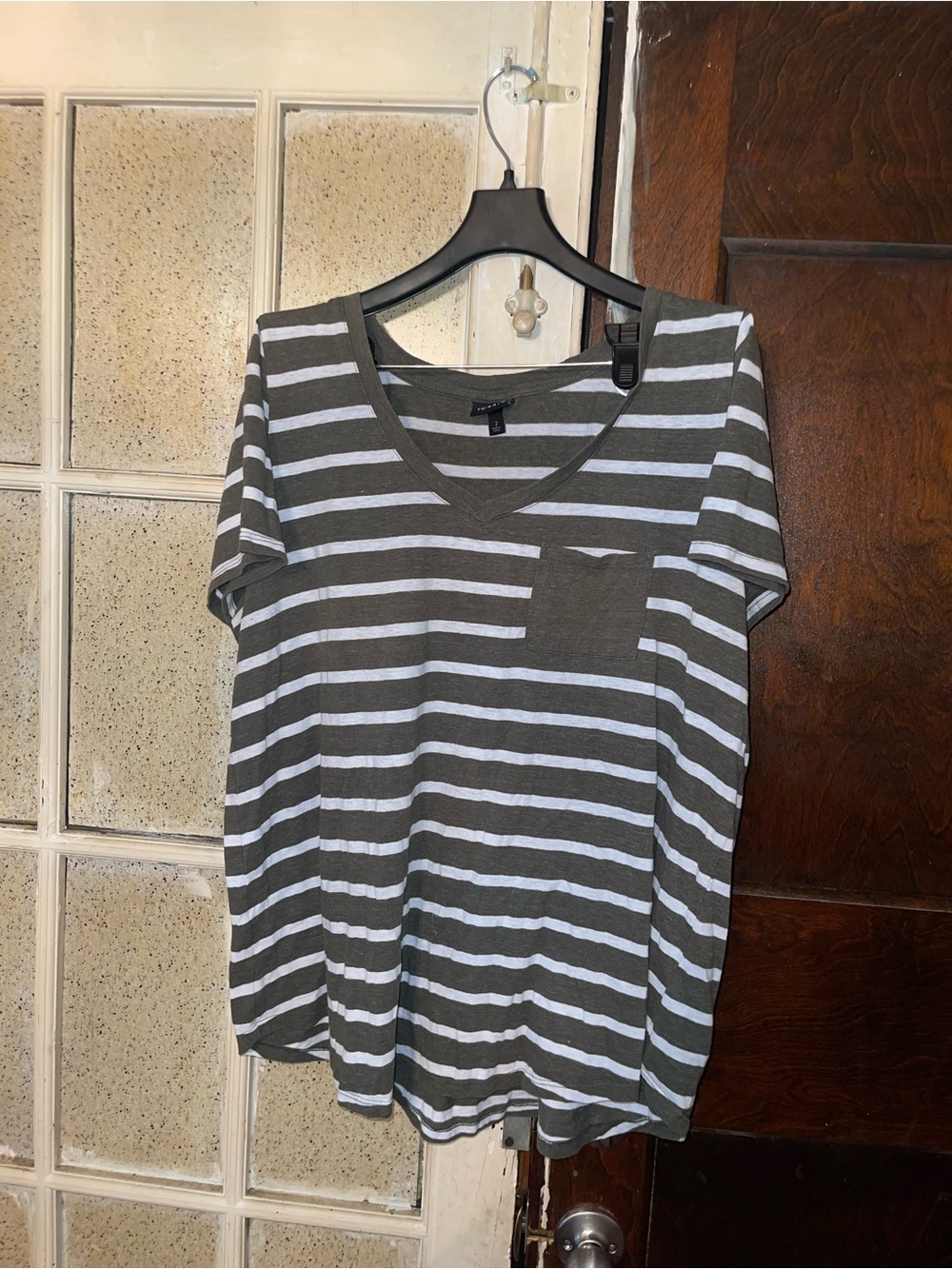 Torrid Striped V-Neck Pocket Tee, Olive & White - Size 2